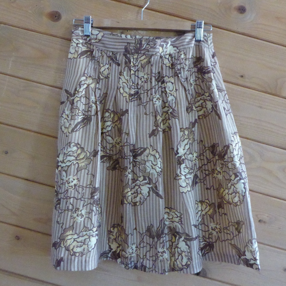 LOFT Beige Brown Stripe Floral Linen Silk Knee Length A-line Lined Cute Skirt 0